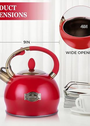 SUSTEAS Stove Top Whistling Tea Kettle - Food Grade Stainless Steel Teakettle Teapot with Cool Touch Ergonomic Handle, With 1 Silicone Pinch Mitt Included, 2.64 Quart(RED)