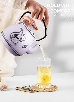 Toptier Teapot with Removable Infuser, Cast Iron Tea Kettle Stovetop Safe, Squirrel Design Tea Pot Coated with Enameled Interior for 32 Ounce (950 ml), Purple