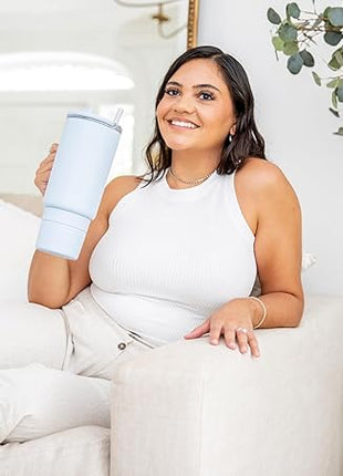 Ello Port 40oz Tumbler with Carry Loop & Integrated Handle, Vacuum Insulated Stainless Steel Reusable Water Bottle, Travel Mug with Leak Proof Lid & Straw for Iced Coffee & Tea, Halogen Blue