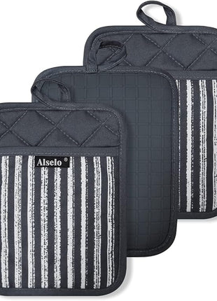 Silicone Pot Holders Set of 3 Heat Resistant & Non Slip Potholders, Professional Oven Hot Pads with Pockets Mitts for Kitchen Cooking Baking Barbecue