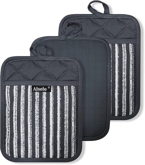 Silicone Pot Holders Set of 3 Heat Resistant & Non Slip Potholders, Professional Oven Hot Pads with Pockets Mitts for Kitchen Cooking Baking Barbecue