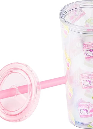 Silver Buffalo Sanrio Hello Kitty Milk Carton Pattern Plastic Boba Tumbler w Lid and Wide Straw, 24 Ounces