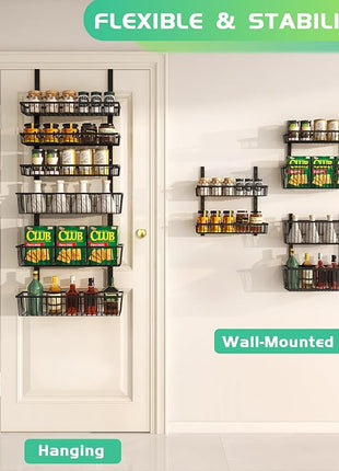 Over The Door Pantry Organizer, Pantry Organization and Storage, 6-Tier Deep Baskets Hanging Heavy-Duty Metal, Wall Spice Rack Seasoning Shelves for Home & Kitchen, Laundry Room Bathroom, Black
