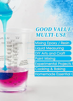 100 PACK Plastic Measuring Cups, 10 oz Disposable Mixing Cups with 100 Wooden Mixing Sticks, Can Be Used for Epoxy Resin, Liquid Measuring, Paint, Cooking and Baking