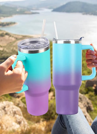 SYACOT 40 oz Tumbler with Handle and Straw Stainless Steel Insulated Tumbler Leak Proof Lid and Straw Lid Reusable Travel Mug Coffee Mug Cup Dishwasher Safe Keep Drinks Cold and Hot (Green Purple)