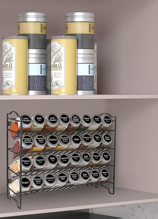 SWOMMOLY Spice Rack Organizer with 32 Glass Spice Jars, 396 Spice Labels, Chalk Marker and Funnel Complete Set, for Cabinet, Countertop, Cupboard or Wall Mount, Black