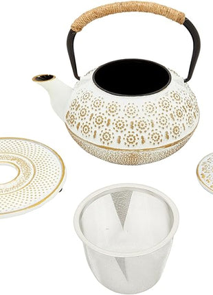 Juvale Stovetop Cast Iron Tea Kettle with Infuser - Superior Heat Retention Loose Leaf Tea Pot - Built-In Teapot with Strainer - Includes Trivet & Infuser Kettle - White, 27 Oz (800 ml)