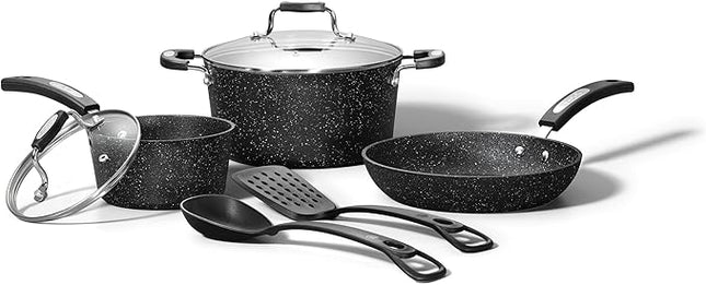 Starfrit The Rock 7PC Non-Stick Cookware Set - Durable Forged Aluminum - Oven Safe - PFOA Free - Easy to Clean - Black