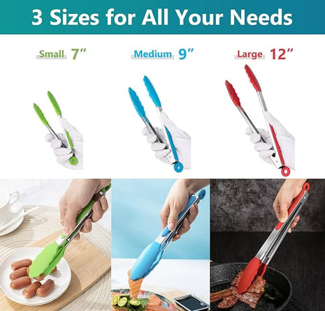 Kitchen Tongs Set of 3, Cooking Tongs with Silicone Tips, Non-Stick Non-Scratch Heat Resistant Tongs for Grilling Cooking BBQ Salad Serving (Multicolor, 7/9/12 Inch)
