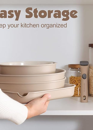 SENSARTE 17 Piece Ceramic Pots and Pans Set, Nonstick Detachable Handle Cookware, Induction Kitchen Cookware Set with Removable Handle, Dishwasher ＆ Oven Safe (Almond Beige)