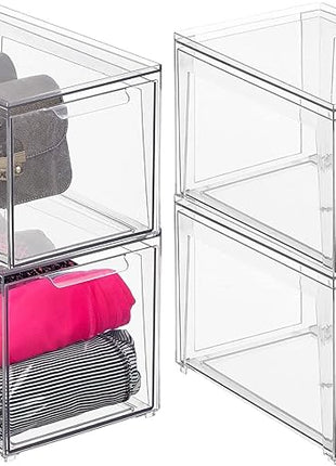 mDesign Plastic Stackable Closet Storage Organizer Bins with Pull Out Drawer for Cabinet, Desk, Shelf, Cupboard, or Dresser Organization - Lumiere Collection - 4 Pack - Clear