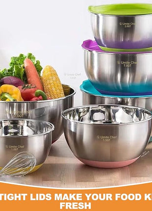 Umite Chef Mixing Bowls with Airtight Lids, 6 Piece Stainless Steel Metal Bowls, Measurement Marks & Colorful Non-Slip Bottoms Size 7, 3.5, 2.5, 2.0,1.5, 1QT, Great for Mixing & Serving