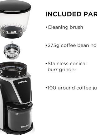 Chefman Conical Burr Coffee Grinder, Create The Boldest & Most Flavorful Grind With 31 Settings From Coarse To Extra Fine, One-Touch Digital Control & 9.7-oz Bean Capacity, Black