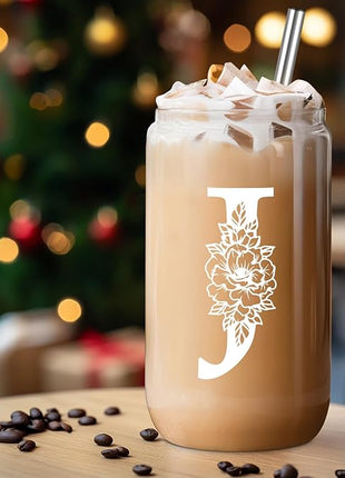 Coolife Initial Glass Cup, Monogrammed Gifts for Women, 16 oz Glass Cups w/Lids Straws, Iced Coffee Smoothie Beer Tumbler w/Straw Lid - Personalized Christmas, Birthday Gifts for Her Mom Friend Woman