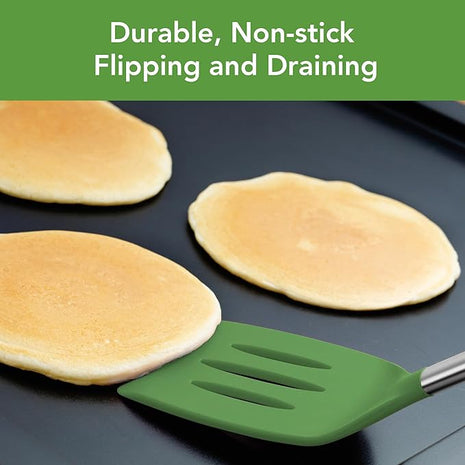 Tovolo Silicone Slotted Turner With Stainless Steel Handle, Pancake Spatula, Scratch-Resistant Kitchen Utensil for Nonstick Cookware & Cast Iron Skillets, Pesto, 1 Count