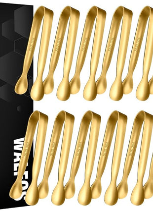 Walfos Small Gold Tongs For Serving,Food Grade Stainless Steel 4" Mini Tongs Appetizers for Parties Catering, Sugar，Desserts，Tea Party, Coffee Bar, Set of 12 （Gold）