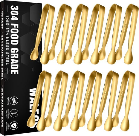 Walfos Small Gold Tongs For Serving,Food Grade Stainless Steel 4" Mini Tongs Appetizers for Parties Catering, Sugar，Desserts，Tea Party, Coffee Bar, Set of 12 （Gold）