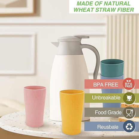 Wheat Straw Cup Set of 8, Reusable Plastic Drinking Cups for Kitchen, Camping, Unbreakable Drinking Glasses Set, BPA Free Water Tumblers for Milk, Coffee, Juice, Dishwasher & Microwave Safe, 12oz