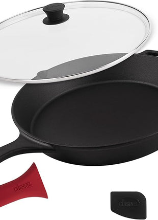 Cuisinel 15" Cast Iron Skillet + Glass Lid Cover + Black Pan Scraper + Silicone Handle Grip Cover - Pre-seasoned Kitchen Cookware - Indoor/Outdoor - Camping, Grilling, BBQ, Oven Use