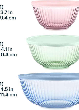 Pyrex Colors Tinted (3-Pack, Full Set) Sculpted Tinted Glass Mixing Bowls With Lids, Nesting Space Saving Set of Bowls For Prepping and Baking, 1.3QT, 2.3QT & 4.5Q, Blue