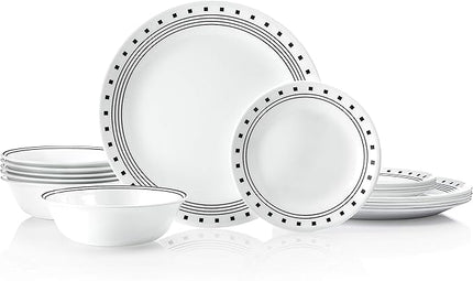 Corelle Vitrelle 18-Piece Service for 6 Dinnerware Set Triple Layer Glass and Chip Resistant, Lightweight Round Plates and Bowls Set, City Block