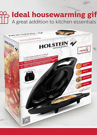 Holstein Housewares Stainless Steel 4 Section Omelet Maker, Non Stick Coating, Mess Free Cooking, Easy Cleaning, Indicator Lights, Upright Storage & Anti Slip Feet For Quick Meals. 4 Portions, Black