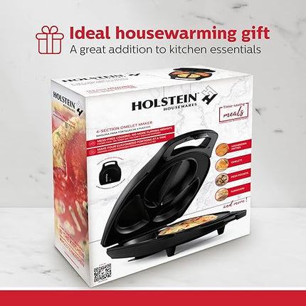 Holstein Housewares Stainless Steel 4 Section Omelet Maker, Non Stick Coating, Mess Free Cooking, Easy Cleaning, Indicator Lights, Upright Storage & Anti Slip Feet For Quick Meals. 4 Portions, Black