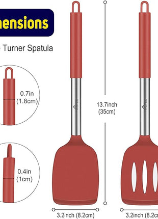 HOTEC Silicone Spatula Set of 2 Heat-Resistant 600°F & BPA-Free Kitchen SaptulaTurner with Stainless Steel Handles, Slotted & Solid Spatulas for Nonstick Cookware, 13.7 Inch, Red