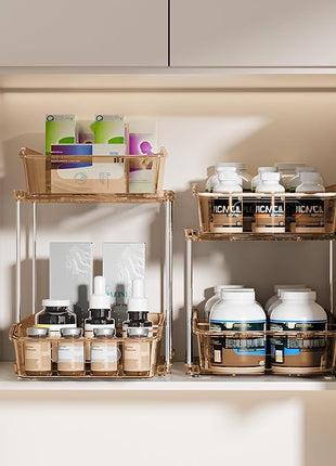 Delamu 2-Tier Under Sink Organizers and Storage, Multi-Purpose Stackable Bathroom Cabinet Organizers, Pull Out Kitchen Pantry Organization and Storage with Dividers(2 Pack, Amber)