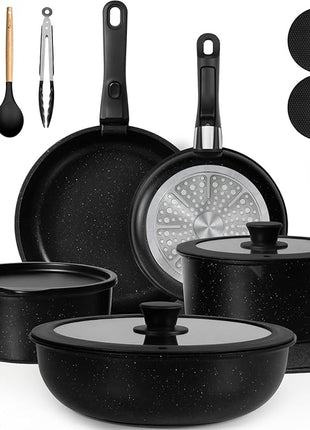 KIKCOIN 20 Pcs Pots and Pans Set Non Stick, Detachable Handle Cookware Sets Nonstick, Non Toxic Induction RV Kitchen Cooking Set with Removable Handles, Dishwasher/Oven Safe, Easy Clean (Black)