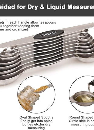 Aovchei 9 PCS Magnetic Measuring Spoons Set, Dual Sided, Stainless Steel Small Tablespoon, Teaspoons, Fits in Spice Jars, for Dry and Liquid, Black