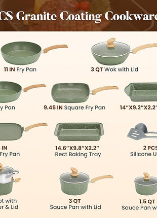Kitchen Academy 17 Pieces Induction Cookware Set with Griddle, Green Granite Pots and Pans Set Non Stick, Healthy Nonstick Cooking Pans Set