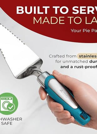 Orblue Pie Server, Essential Kitchen Tool, Serrated on Both Sides, Great for Right or Left Handed Chef, Stainless Steel Flatware, Cake Cutter, Blue