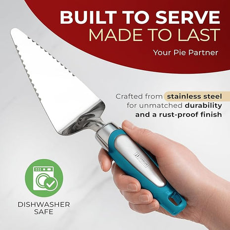 Orblue Pie Server, Essential Kitchen Tool, Serrated on Both Sides, Great for Right or Left Handed Chef, Stainless Steel Flatware, Cake Cutter, Blue