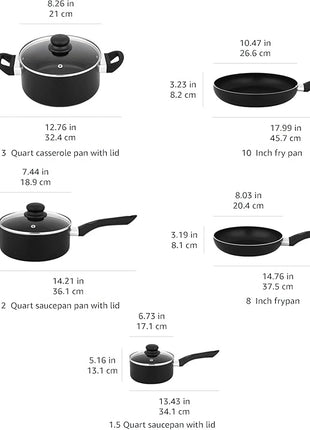 Amazon Basics Non Stick Kitchen Cookware 8-Piece Set, Non-Induction, Includes Pots and Pans, Black