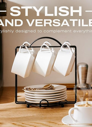 Lareina 3-Ounce Porcelain Espresso Cups Set of 6, Stackable Coffee Cups with Saucers, Spoons and Metal Stand, Ceramic Demitasse Mugs, Espresso Accessories for Machine, White