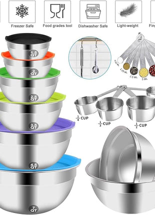 Mixing Bowls with Lid Set, 27PCS Kitchen Utensils Metal Bowl Stainless Steel Nesting Bowls, Measuring Cups and Spoons, Egg Whisk for Baking