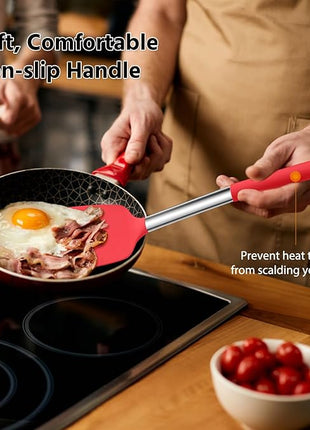 Silicone Spatula Set of 2, E-far Solid & Slotted Turner for Nonstick Cookware, Heat Resistant Rubber Kitchen Cooking Utensils for Flipping Fish Pancake Egg - Red