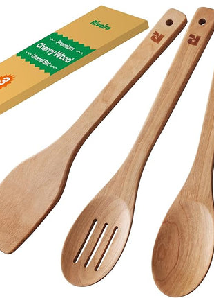 Riveira Cherry Wooden Spoons for Cooking Set of 3 – Natural Cherry Wooden Cooking Utensils, Wooden Spatula, Wooden Spoon - Premium Quality Wooden Utensil Set for Non-Toxic Cooking