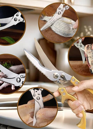 ANDONG Heavy Duty Kitchen Poultry Shears with Serrated Edge, Spring Loaded Kitchen Scissors, Professional Chicken Shears, Gold