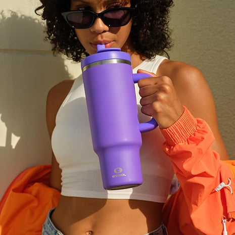 40 oz Tumbler with Handle and Straw: Stainless Steel Insulated Tumbler Keeps Cold for 24 Hours, Leakproof Travel Cup Fits in Cup Holder and BPA-Free,Violet