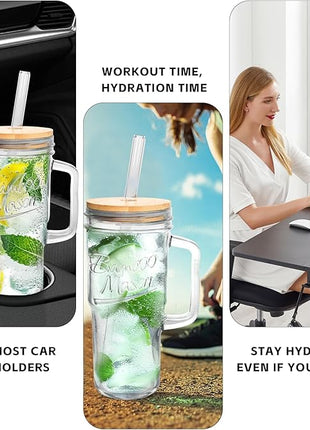 ANOTION Glass Cups with Lids and Straws - 24oz Tumbler with Handle Coffee Cups Glass Straws Glasses Mason Jar Cups Drinking Set Kitchen Essentials Coffee Bar Accessories House Warming Gifts New Home