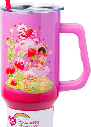 Silver Buffalo Care Bears and Strawberry Shortcake Ombre Stainless Steel Tumbler with Handle, Fits in Standard Cup Holder, 40 Ounces