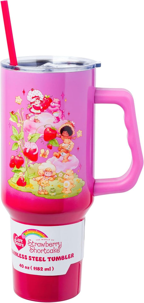 Silver Buffalo Care Bears and Strawberry Shortcake Ombre Stainless Steel Tumbler with Handle, Fits in Standard Cup Holder, 40 Ounces