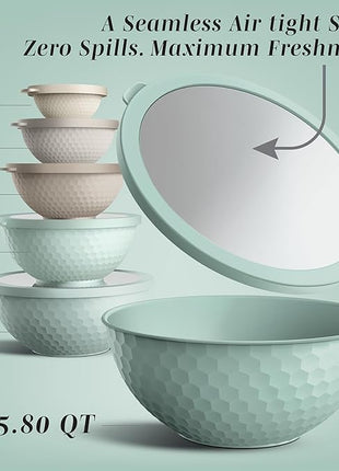 COOK WITH COLOR Mixing Bowls with Lids - 12 Piece Plastic Nesting Bowls Set includes 6 Prep Bowls and 6 Lids, Non Slip Bottom and Embossed Design - Microwave Safe (Mint)