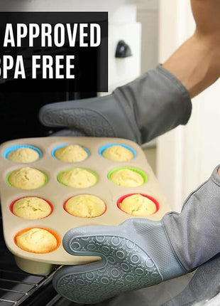 HOMWE Silicone Oven Mitts and Pot Holders, 4-Piece Set, Heavy Duty Cooking Gloves, Kitchen Counter Safe Trivet Mats, Advanced Heat Resistance, Non-Slip Textured Grip, Gray