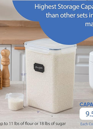 Chef's Path Airtight Food Storage Containers with Measuring Cups, Set of 2, 9.5L, 320Oz, Spacious, Leakproof Design Pantry Canisters for Flour, Sugar, and Bulk Food Storage - Transparent