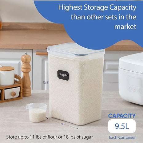 Chef's Path Airtight Food Storage Containers with Measuring Cups, Set of 2, 9.5L, 320Oz, Spacious, Leakproof Design Pantry Canisters for Flour, Sugar, and Bulk Food Storage - Transparent