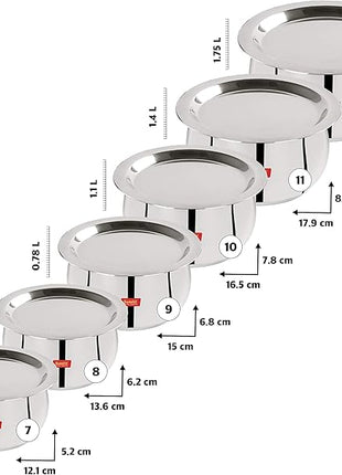 Sumeet Stainless Steel Belly Shape 6 Pc Tope/Cookware/Pot Set with Lid 380ML, 500ML, 780ML, 1.1Ltr, 1.4Ltr, 1.75Ltr (Silver)