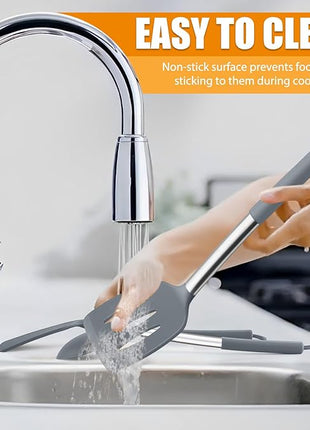 Silicone Spatula Set of 2, E-far Solid & Slotted Turner for Nonstick Cookware, Heat Resistant Rubber Kitchen Cooking Utensils for Flipping Fish Pancake Egg - Grey